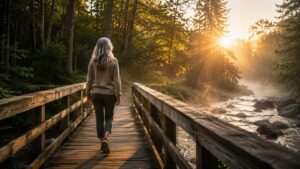 Woman in her fifties walking outdoors in morning light during menopause